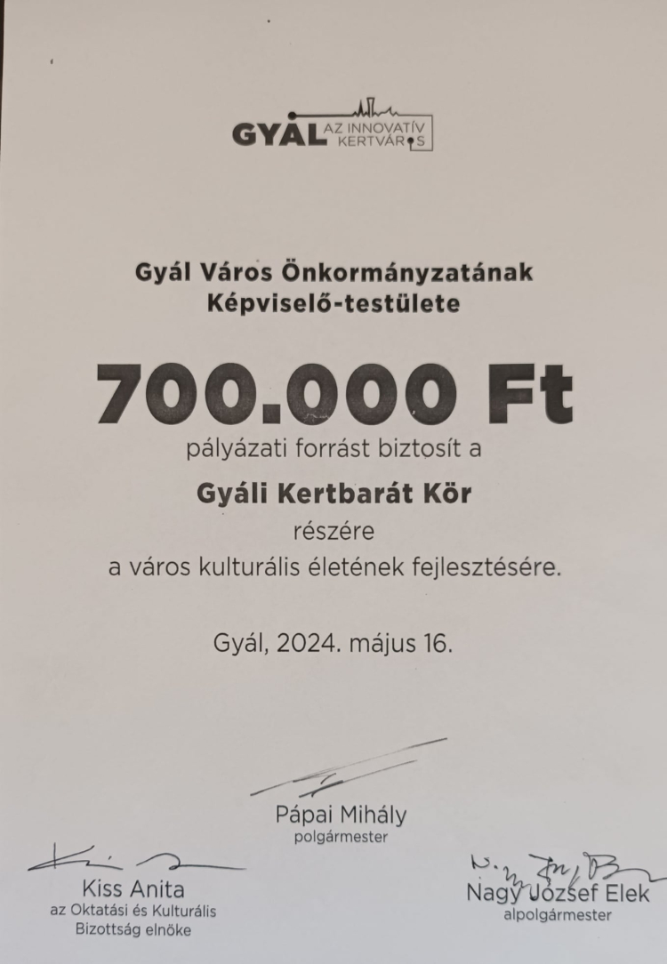 700 000 Ft pályázati forrást kapott a Gyáli Kertbarát Kör